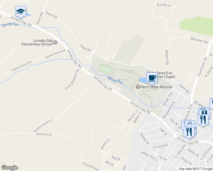 map of restaurants, bars, coffee shops, grocery stores, and more near 3128 Juniata Gap Road in Altoona