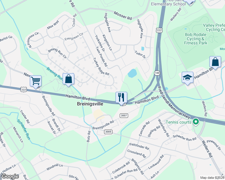 map of restaurants, bars, coffee shops, grocery stores, and more near 8853 Hamilton Boulevard in Breinigsville