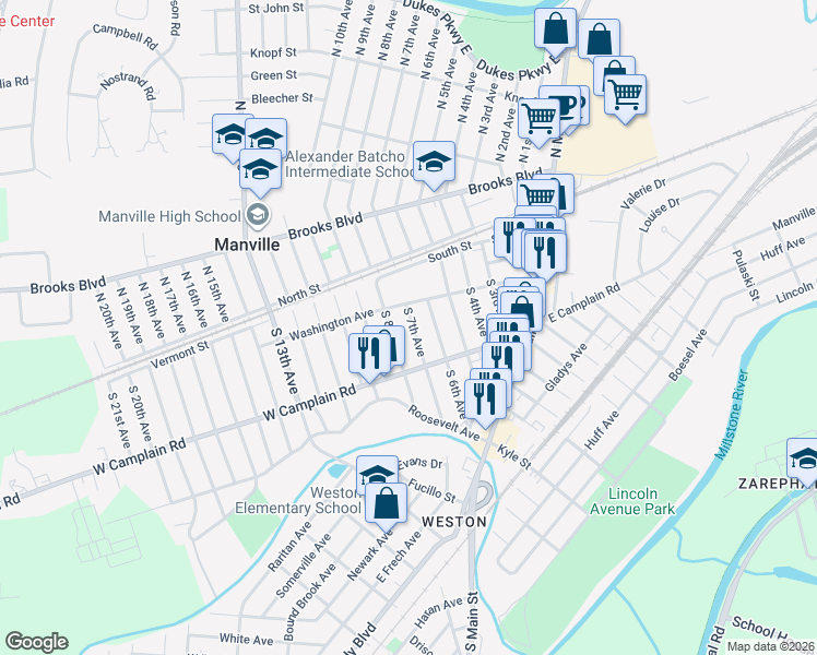 map of restaurants, bars, coffee shops, grocery stores, and more near 147 South 7th Avenue in Manville