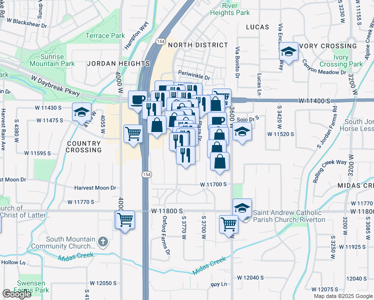 map of restaurants, bars, coffee shops, grocery stores, and more near 11610 District Main Drive in South Jordan
