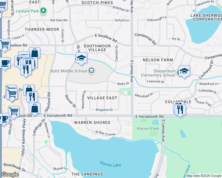 map of restaurants, bars, coffee shops, grocery stores, and more near 3400 Camelot Drive in Fort Collins