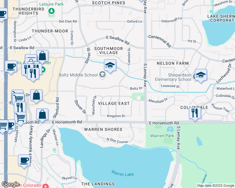 map of restaurants, bars, coffee shops, grocery stores, and more near 842 Mansfield Drive in Fort Collins