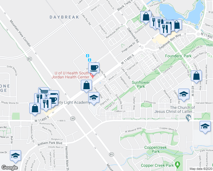 map of restaurants, bars, coffee shops, grocery stores, and more near 11574 Grandville Avenue in South Jordan
