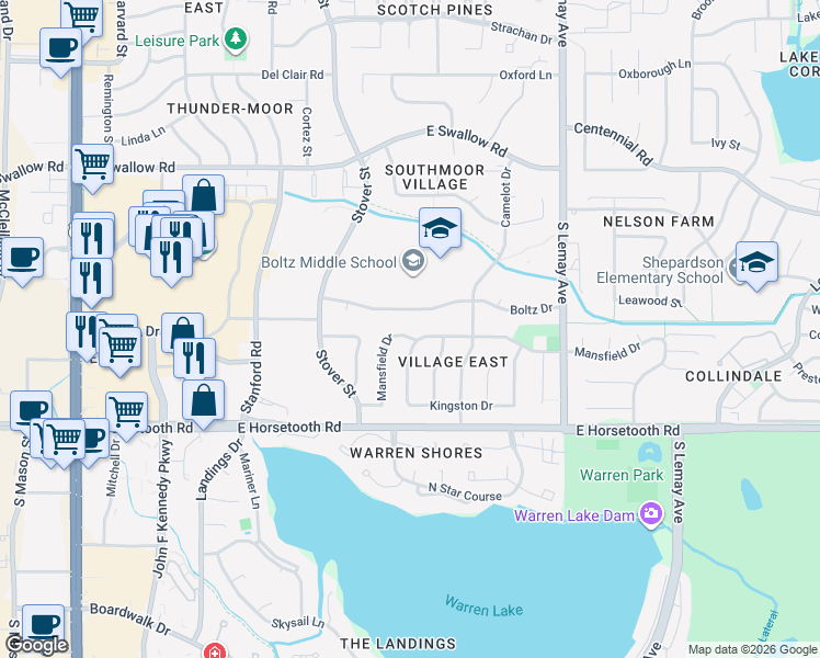 map of restaurants, bars, coffee shops, grocery stores, and more near 685 Mansfield Drive in Fort Collins