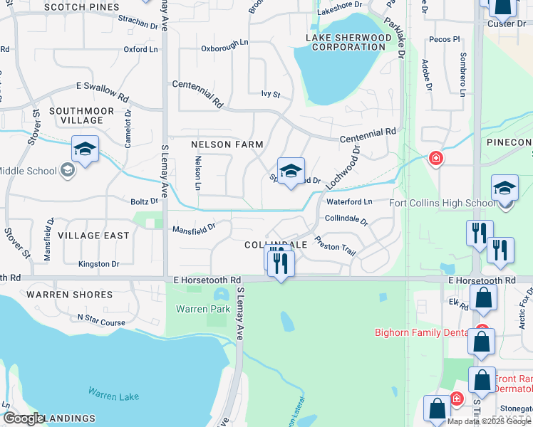 map of restaurants, bars, coffee shops, grocery stores, and more near 1360 Green Gables Court in Fort Collins