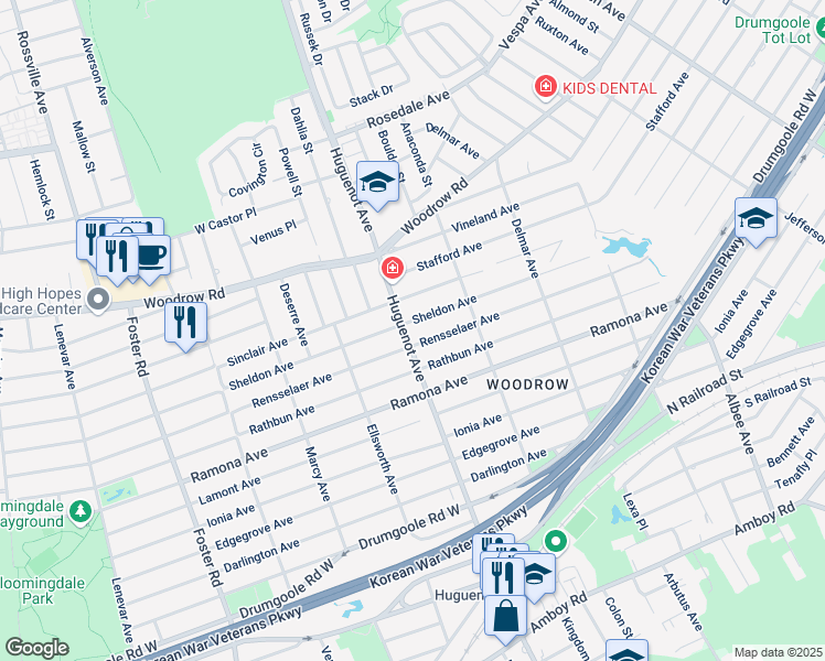 map of restaurants, bars, coffee shops, grocery stores, and more near 581 Huguenot Avenue in Staten Island