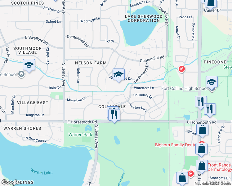 map of restaurants, bars, coffee shops, grocery stores, and more near 3465 Lochwood Drive in Fort Collins