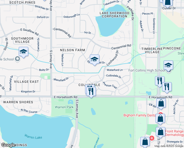 map of restaurants, bars, coffee shops, grocery stores, and more near 3465 Lochwood Drive in Fort Collins