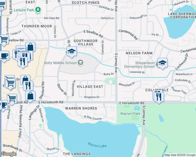 map of restaurants, bars, coffee shops, grocery stores, and more near 3400 Camelot Drive in Fort Collins