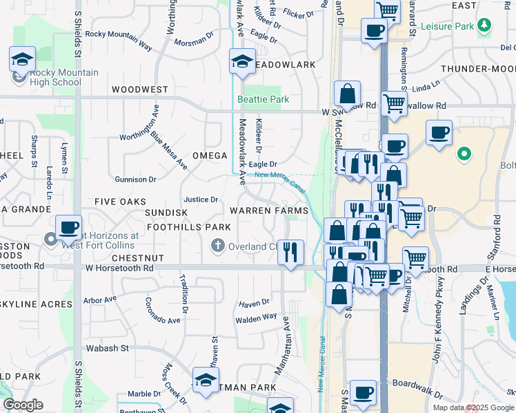 map of restaurants, bars, coffee shops, grocery stores, and more near 512 Affirmed Court in Fort Collins