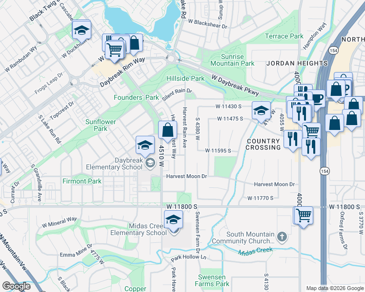 map of restaurants, bars, coffee shops, grocery stores, and more near 11605 Harvest Rain Avenue in South Jordan