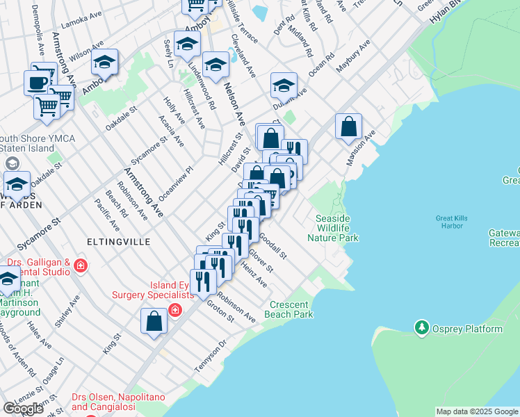 map of restaurants, bars, coffee shops, grocery stores, and more near 4077 Hylan Boulevard in Staten Island