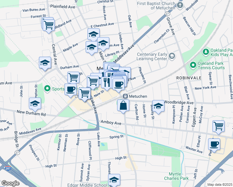 map of restaurants, bars, coffee shops, grocery stores, and more near 1 Pennsylvania Avenue in Metuchen