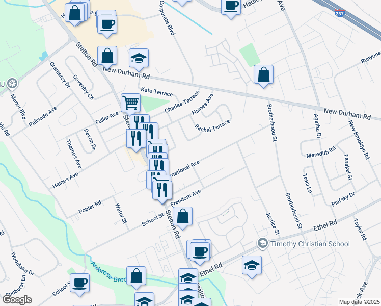map of restaurants, bars, coffee shops, grocery stores, and more near 74 International Avenue in Piscataway