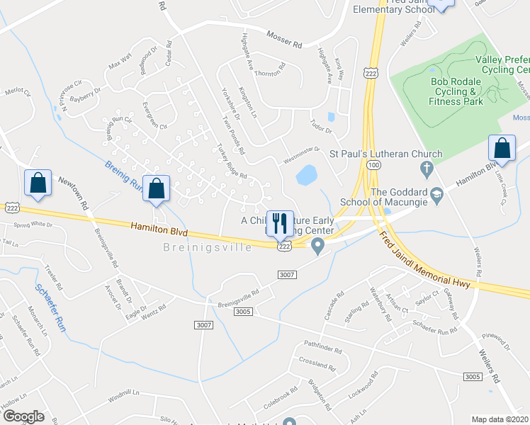 map of restaurants, bars, coffee shops, grocery stores, and more near 8853 Hamilton Boulevard in Breinigsville