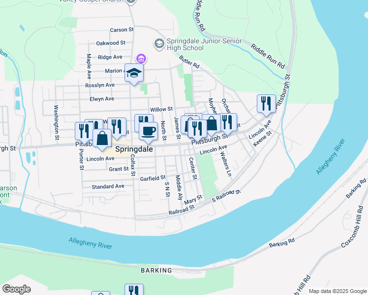 map of restaurants, bars, coffee shops, grocery stores, and more near in Springdale