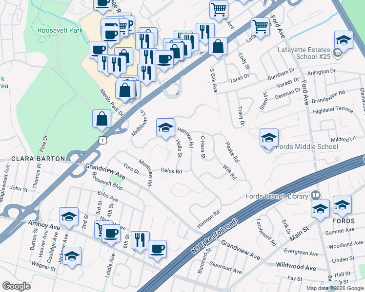 map of restaurants, bars, coffee shops, grocery stores, and more near 10 Hallo Street in Edison