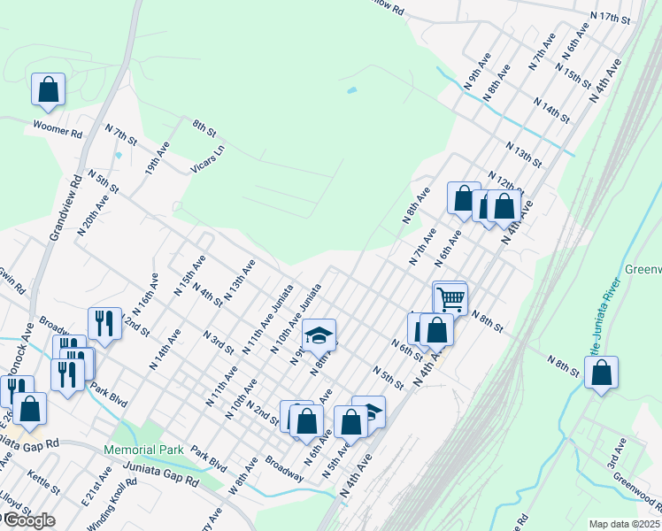 map of restaurants, bars, coffee shops, grocery stores, and more near North 10th Avenue in Altoona