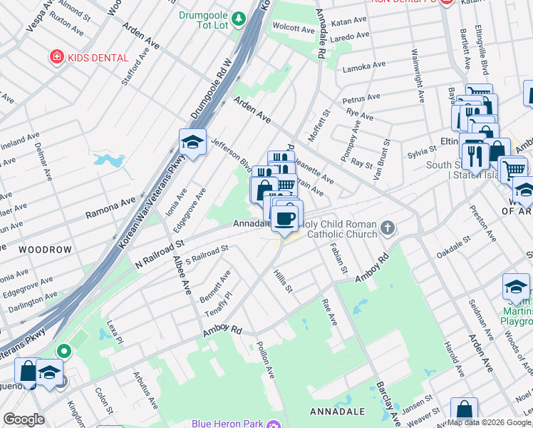 map of restaurants, bars, coffee shops, grocery stores, and more near 16 Jefferson Boulevard in Staten Island