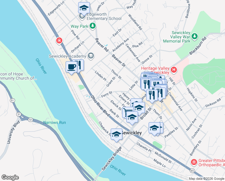 map of restaurants, bars, coffee shops, grocery stores, and more near 319 Ferry Street in Sewickley
