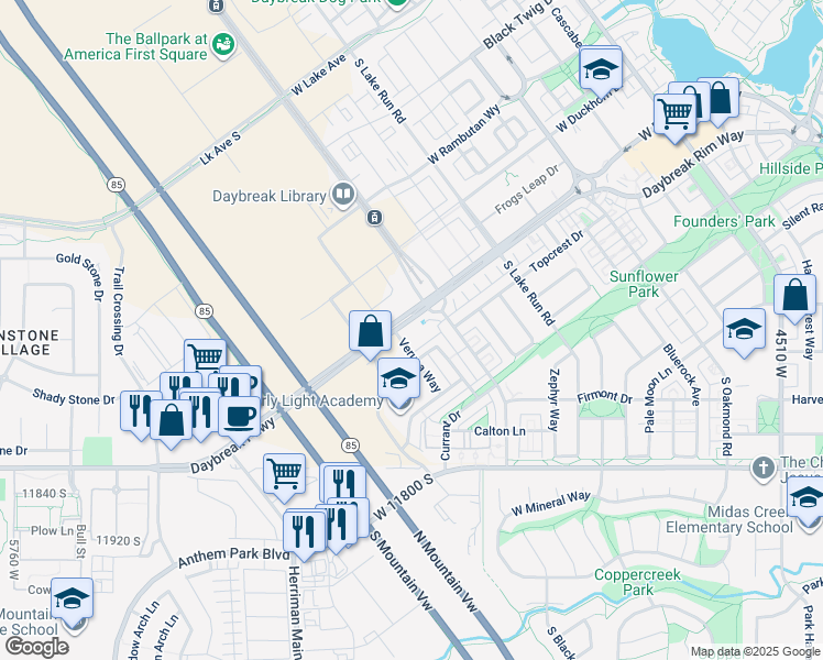 map of restaurants, bars, coffee shops, grocery stores, and more near 5119 West Daybreak Parkway in South Jordan