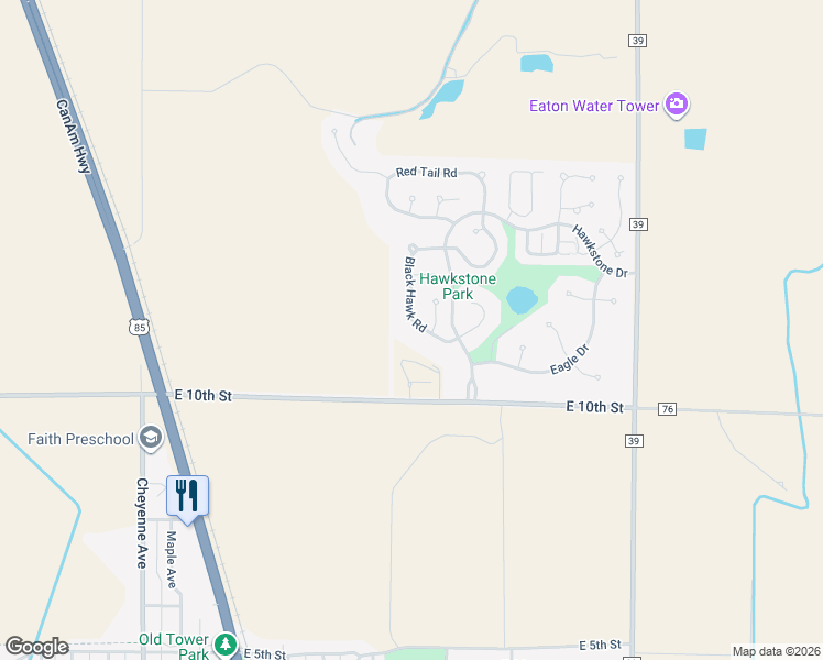 map of restaurants, bars, coffee shops, grocery stores, and more near 1160 Black Hawk Road in Eaton