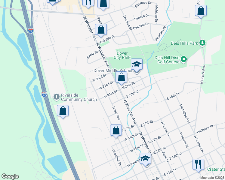 map of restaurants, bars, coffee shops, grocery stores, and more near 120 West 21st Street in Dover