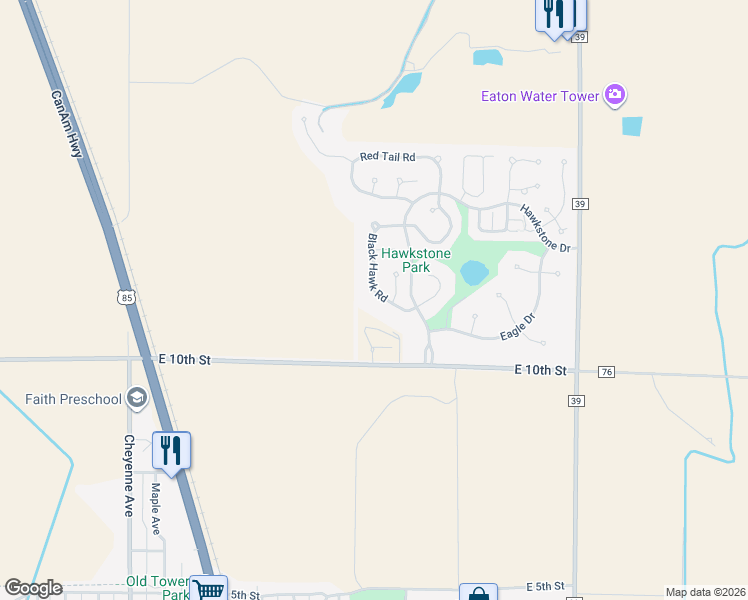 map of restaurants, bars, coffee shops, grocery stores, and more near 1160 Black Hawk Road in Eaton