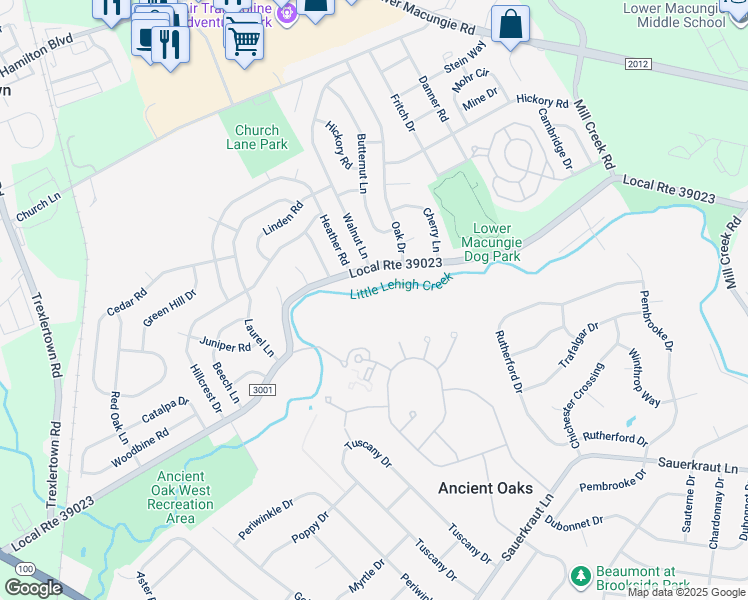 map of restaurants, bars, coffee shops, grocery stores, and more near 7020 Spring Creek Road in Macungie