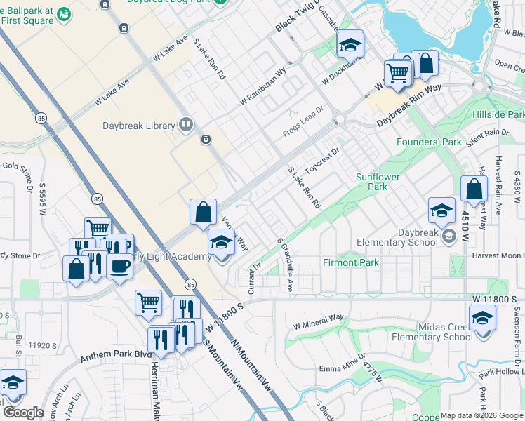 map of restaurants, bars, coffee shops, grocery stores, and more near 5033 Topcrest Drive in South Jordan