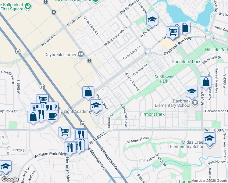 map of restaurants, bars, coffee shops, grocery stores, and more near 11598 Grandville Avenue in South Jordan