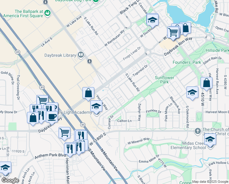 map of restaurants, bars, coffee shops, grocery stores, and more near 5033 Topcrest Drive in South Jordan