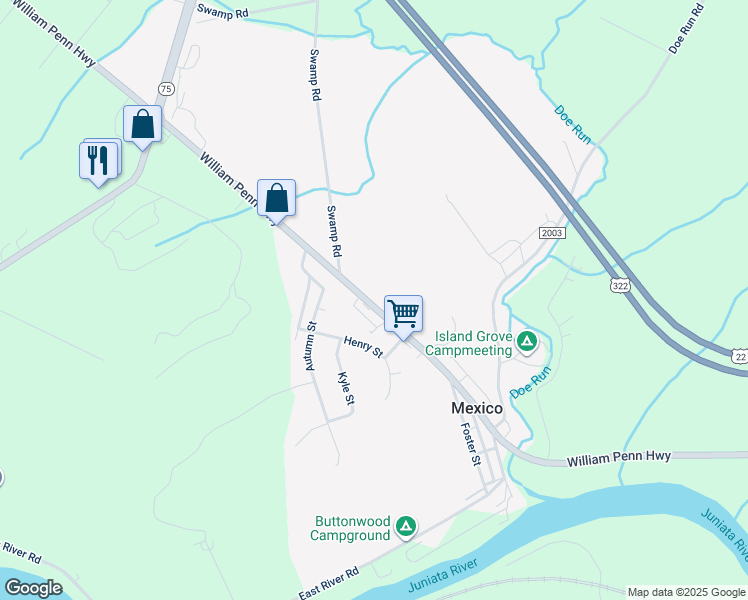 map of restaurants, bars, coffee shops, grocery stores, and more near 6395 William Penn Highway in Mifflintown
