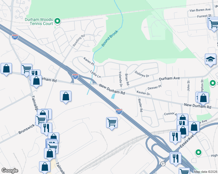 map of restaurants, bars, coffee shops, grocery stores, and more near 779 New Durham Road in Edison