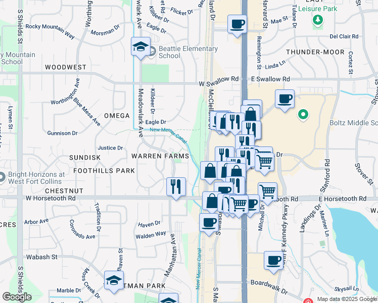 map of restaurants, bars, coffee shops, grocery stores, and more near 326 Riva Ridge Lane in Fort Collins