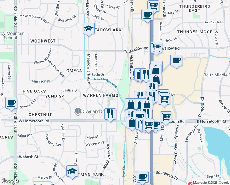 map of restaurants, bars, coffee shops, grocery stores, and more near 326 Riva Ridge Lane in Fort Collins