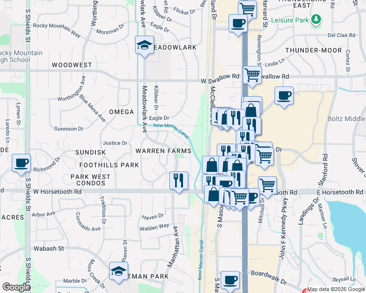 map of restaurants, bars, coffee shops, grocery stores, and more near 326 Riva Ridge Lane in Fort Collins