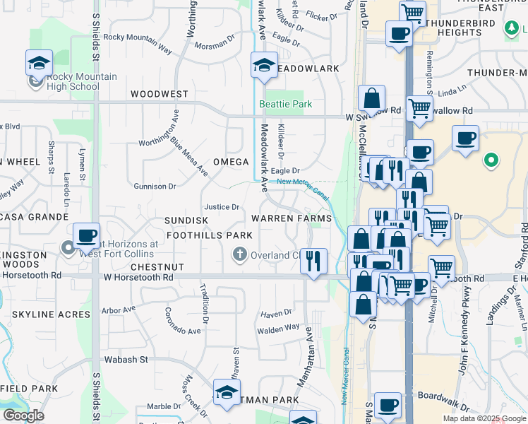 map of restaurants, bars, coffee shops, grocery stores, and more near 512 Affirmed Court in Fort Collins
