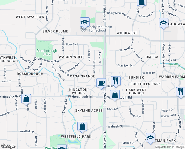 map of restaurants, bars, coffee shops, grocery stores, and more near 3425 South Shields Street in Fort Collins