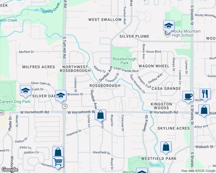 map of restaurants, bars, coffee shops, grocery stores, and more near 3407 Westminster Street in Fort Collins