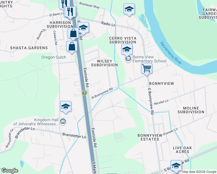 map of restaurants, bars, coffee shops, grocery stores, and more near 2311-2499 North Bonnyview Road in Redding