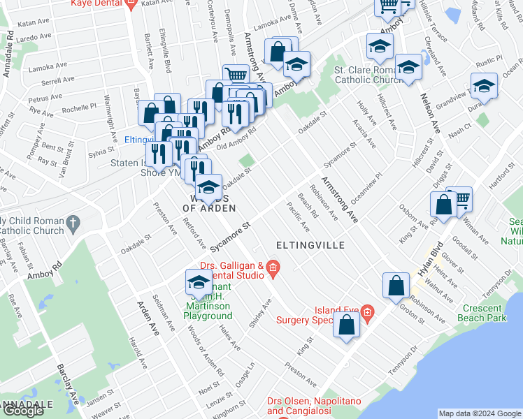 map of restaurants, bars, coffee shops, grocery stores, and more near 281 Sycamore Street in Staten Island