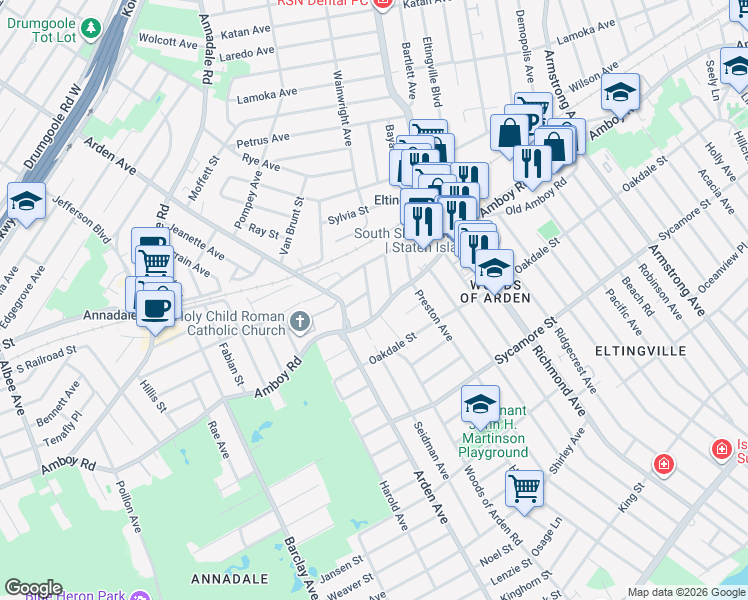 map of restaurants, bars, coffee shops, grocery stores, and more near 5 Ross Lane in Staten Island