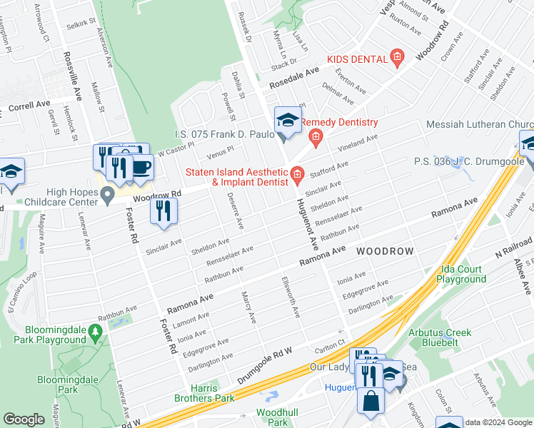map of restaurants, bars, coffee shops, grocery stores, and more near 715 Sheldon Avenue in Staten Island