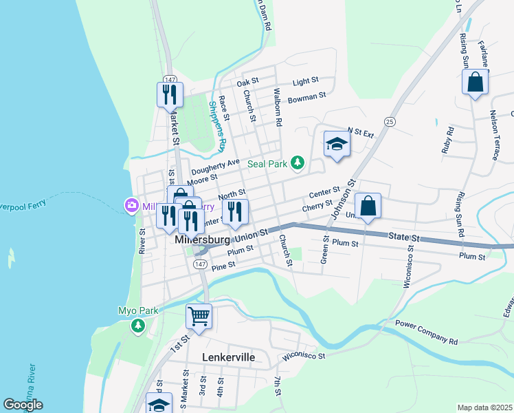map of restaurants, bars, coffee shops, grocery stores, and more near 242 Race Street in Millersburg