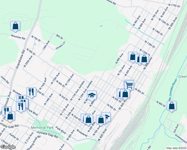 map of restaurants, bars, coffee shops, grocery stores, and more near 620 North 10th Avenue in Altoona