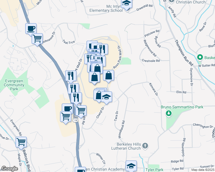 map of restaurants, bars, coffee shops, grocery stores, and more near 1001 Ross Park Mall Drive in Pittsburgh