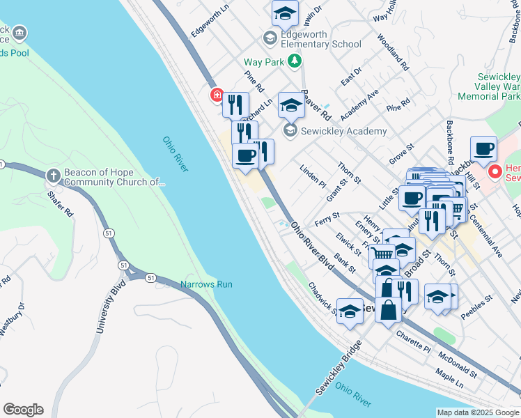 map of restaurants, bars, coffee shops, grocery stores, and more near 26 Chadwick Street in Sewickley