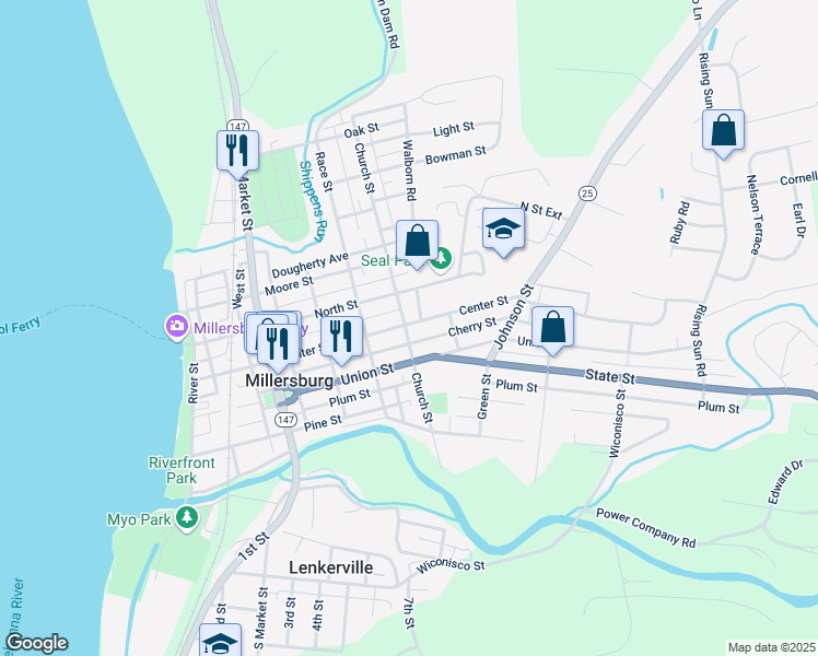 map of restaurants, bars, coffee shops, grocery stores, and more near 268 Church Street in Millersburg