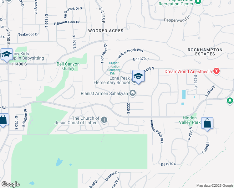 map of restaurants, bars, coffee shops, grocery stores, and more near East Pine Crest Lane in Sandy